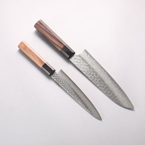 Seisuke AUS10 Hammered Damascus Japanese Santoku & Petty Rosewood (Ferrule: Black Pakka Wood) Handle 180mm & 150mm