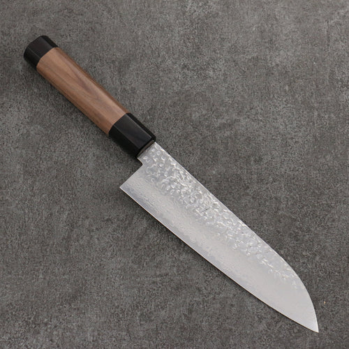 Seisuke Silver Steel No.3 Hammered Damascus Santoku  180mm Walnut(With Double Black Pakka wood) Handle - Japannywholesale