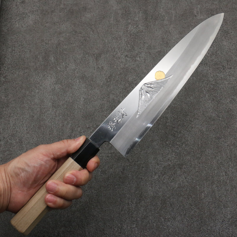 Sakai Takayuki Gold Filled Engraving by Kubota Fuji and Sunset Blue Steel No.2 Gyuto  270mm Magnolia  (Ferrule: Water Buffalo Horn) Handle - Japannywholesale