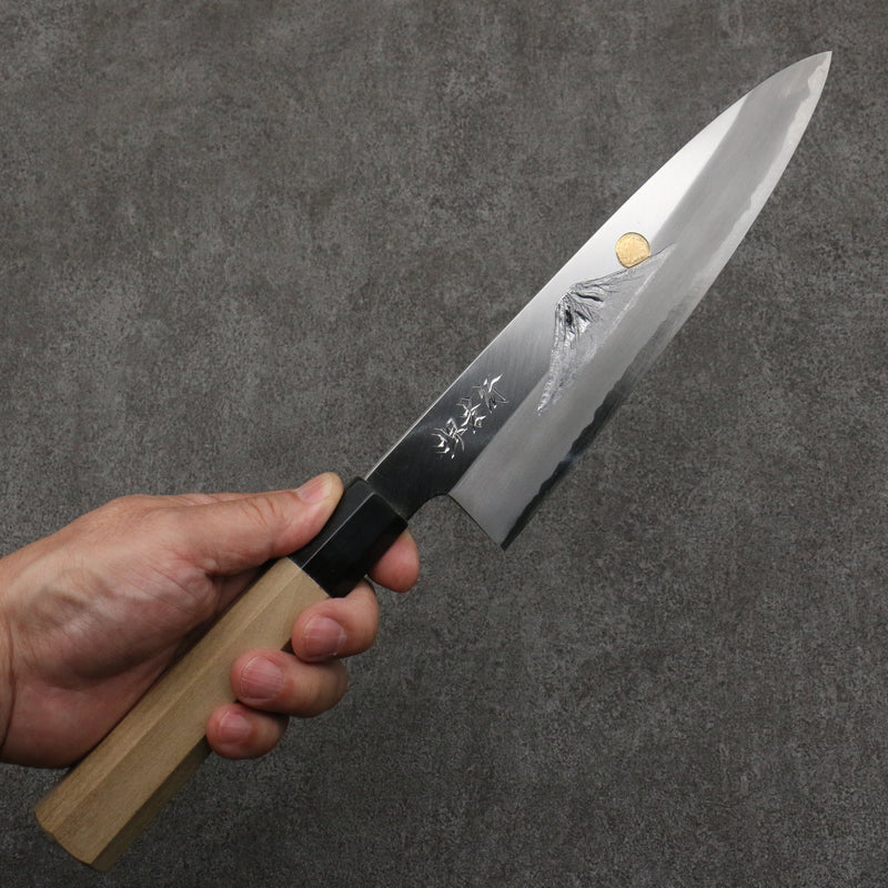 Sakai Takayuki Gold Filled Engraving by Kubota Fuji and Sunset Blue Steel No.2 Gyuto  210mm Magnolia  (Ferrule: Water Buffalo Horn) Handle - Japannywholesale