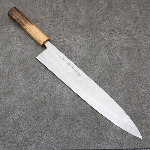 Hideo Kitaoka White Steel No.2 Damascus Mioroshi Deba Japanese Knife 300mm Burnt Oak Handle - Japannywholesale