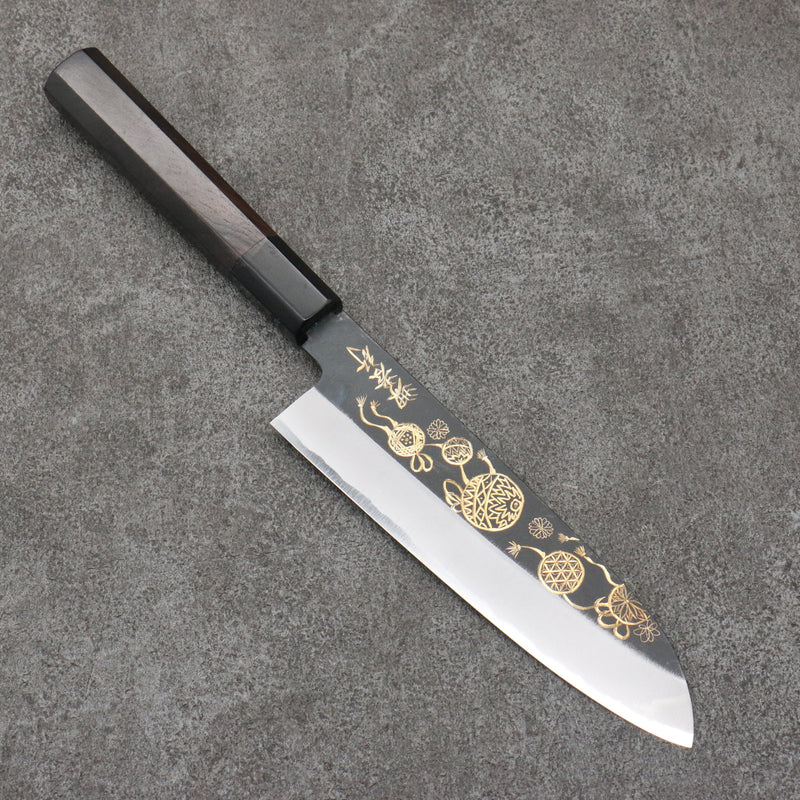 Sakai Takayuki Gold Filled Engraving by Kubota Temari White Steel No.2 Black Finished Santoku  180mm Ebony Wood Handle - Japannywholesale