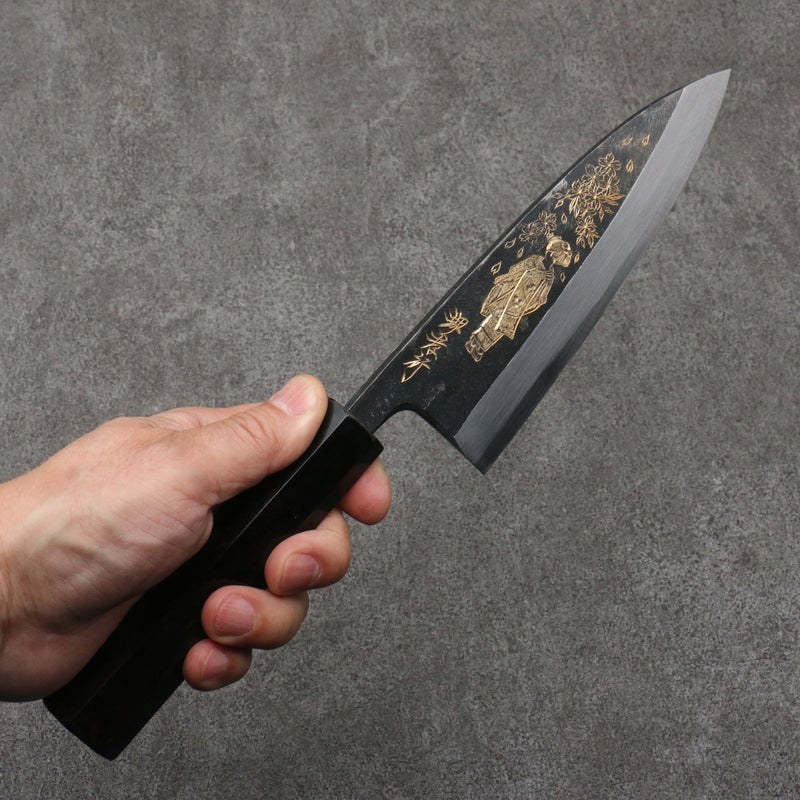 Sakai Takayuki Gold Filled Engraving by Kubota Maiko and Sakura White Steel No.2 Black Finished Deba  150mm Ebony Wood Handle - Japannywholesale