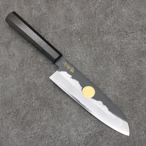 Sakai Takayuki Gold Filled Engraving by Kubota Jyurokuya White Steel No.2 Black Finished Santoku  180mm Ebony Wood Handle - Japannywholesale