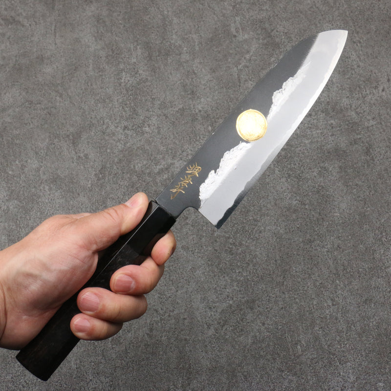 Sakai Takayuki Gold Filled Engraving by Kubota Jyurokuya White Steel No.2 Black Finished Santoku  180mm Ebony Wood Handle - Japannywholesale