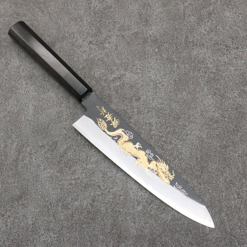 Sakai Takayuki Gold Filled Engraving by Kubota Unryu White Steel No.2 Black Finished Gyuto  210mm Ebony Wood Handle - Japannywholesale