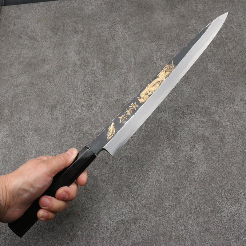 Sakai Takayuki Gold Filled Engraving by Kubota Shouryu White Steel No.2 Black Finished Yanagiba  300mm Ebony Wood Handle - Japannywholesale