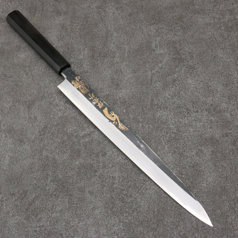 Sakai Takayuki Gold Filled Engraving by Kubota Kinryu White Steel No.2 Black Finished Yanagiba  300mm Ebony Wood Handle - Japannywholesale