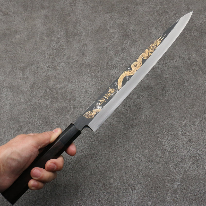 Sakai Takayuki Gold Filled Engraving by Kubota Tenryu White Steel No.2 Black Finished Yanagiba  300mm Ebony Wood Handle - Japannywholesale