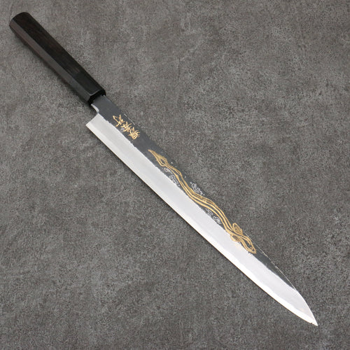 Sakai Takayuki Gold Filled Engraving by Kubota Unagi White Steel No.2 Black Finished Yanagiba  300mm Ebony Wood Handle - Japannywholesale