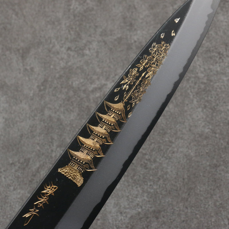 Sakai Takayuki Gold Filled Engraving by Kubota Gojunotou White Steel No.2 Black Finished Gyuto  240mm Ebony Wood Handle - Japannywholesale