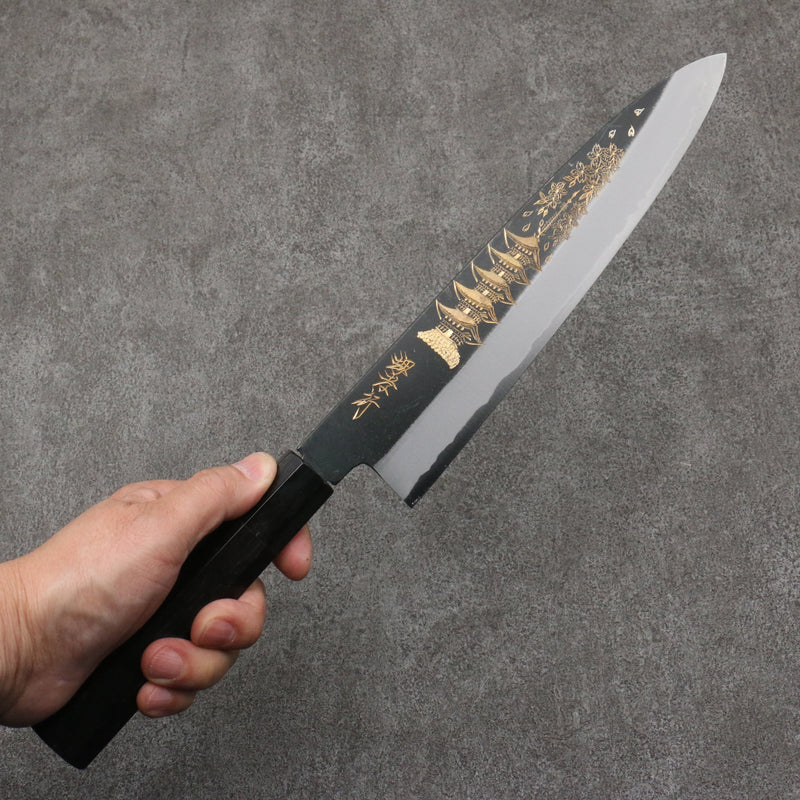 Sakai Takayuki Gold Filled Engraving by Kubota Gojunotou White Steel No.2 Black Finished Gyuto  240mm Ebony Wood Handle - Japannywholesale