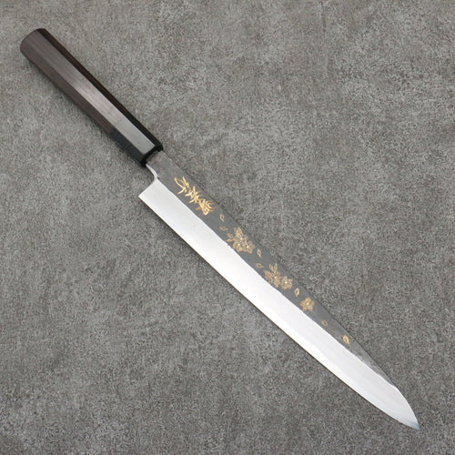 Sakai Takayuki Gold Filled Engraving by Kubota Sakura White Steel No.2 Black Finished Yanagiba  240mm Ebony Wood Handle - Japannywholesale