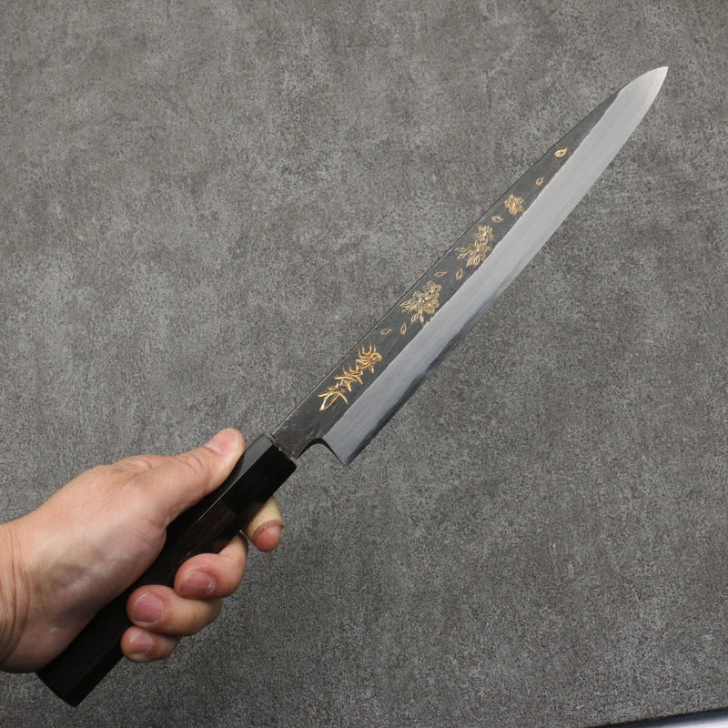 Sakai Takayuki Gold Filled Engraving by Kubota Sakura White Steel No.2 Black Finished Yanagiba  240mm Ebony Wood Handle - Japannywholesale