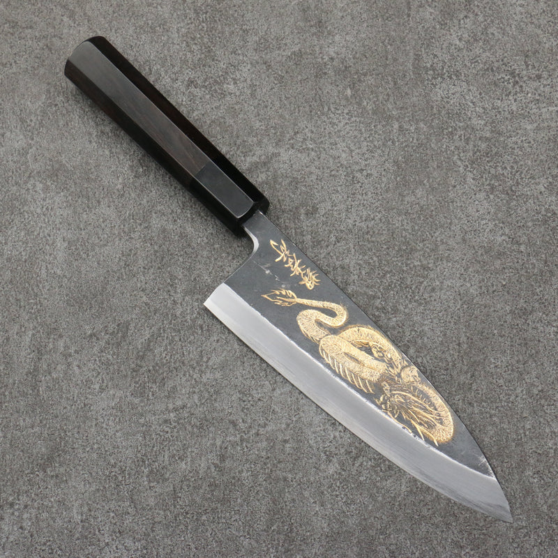 Sakai Takayuki Gold Filled Engraving by Kubota Ittoryumon White Steel No.2 Black Finished Deba  180mm Ebony Wood Handle - Japannywholesale