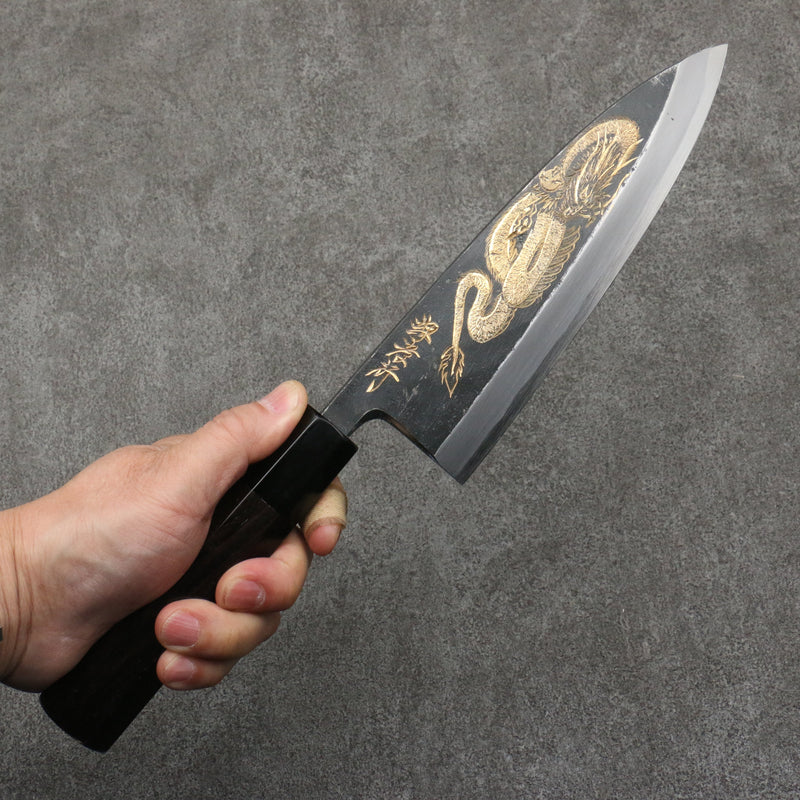 Sakai Takayuki Gold Filled Engraving by Kubota Ittoryumon White Steel No.2 Black Finished Deba  180mm Ebony Wood Handle - Japannywholesale