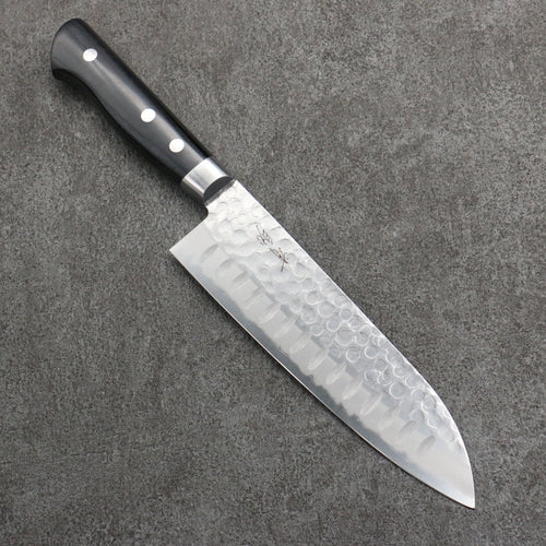 Seisuke Blue Steel Hammered Ribbed Santoku  180mm Black Pakka wood Handle - Japannywholesale