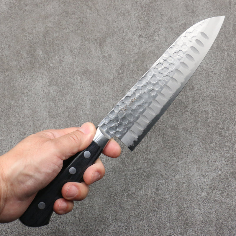 Seisuke Blue Steel Hammered Ribbed Santoku  180mm Black Pakka wood Handle - Japannywholesale