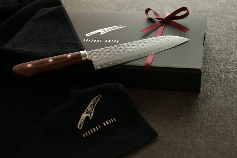 Seisuke Swedish Steel Santoku Mahogany Handle&Black Towel Gift set - Japannywholesale