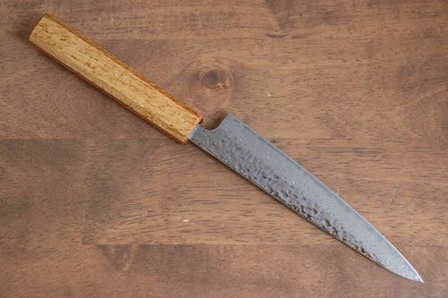 Seisuke Tsukikage AUS10 Migaki Finished Hammered Damascus Petty-Utility  150mm Oak Handle - Japannywholesale