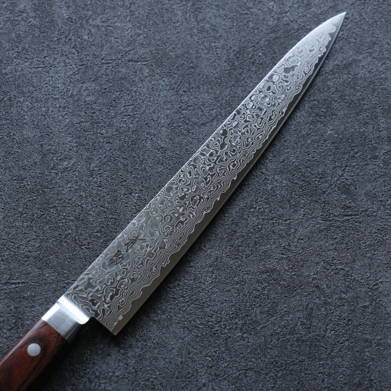 Seisuke Mokusei ZA-18 Mirrored Finish Damascus Sujihiki  240mm Brown Pakka wood Handle - Japannywholesale