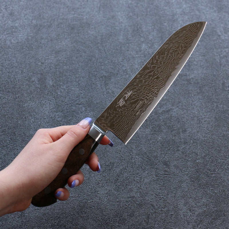 Seisuke Nami AUS10 Mirrored Finish Damascus Santoku  180mm Brown Pakka wood Handle - Japannywholesale