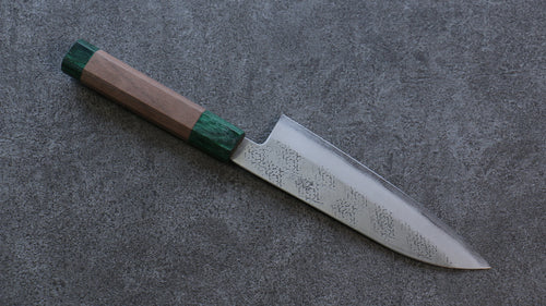 Seisuke Blue Super Hammered Santoku  165mm Walnut(With Double Green Pakka wood) Handle - Japannywholesale