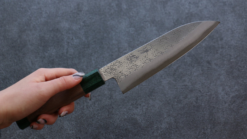 Seisuke Blue Super Hammered Santoku  165mm Walnut(With Double Green Pakka wood) Handle - Japannywholesale