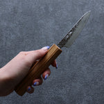 Seisuke Tsukikage AUS10 Migaki Finished Hammered Damascus Petty-Utility  80mm Oak Handle - Japannywholesale