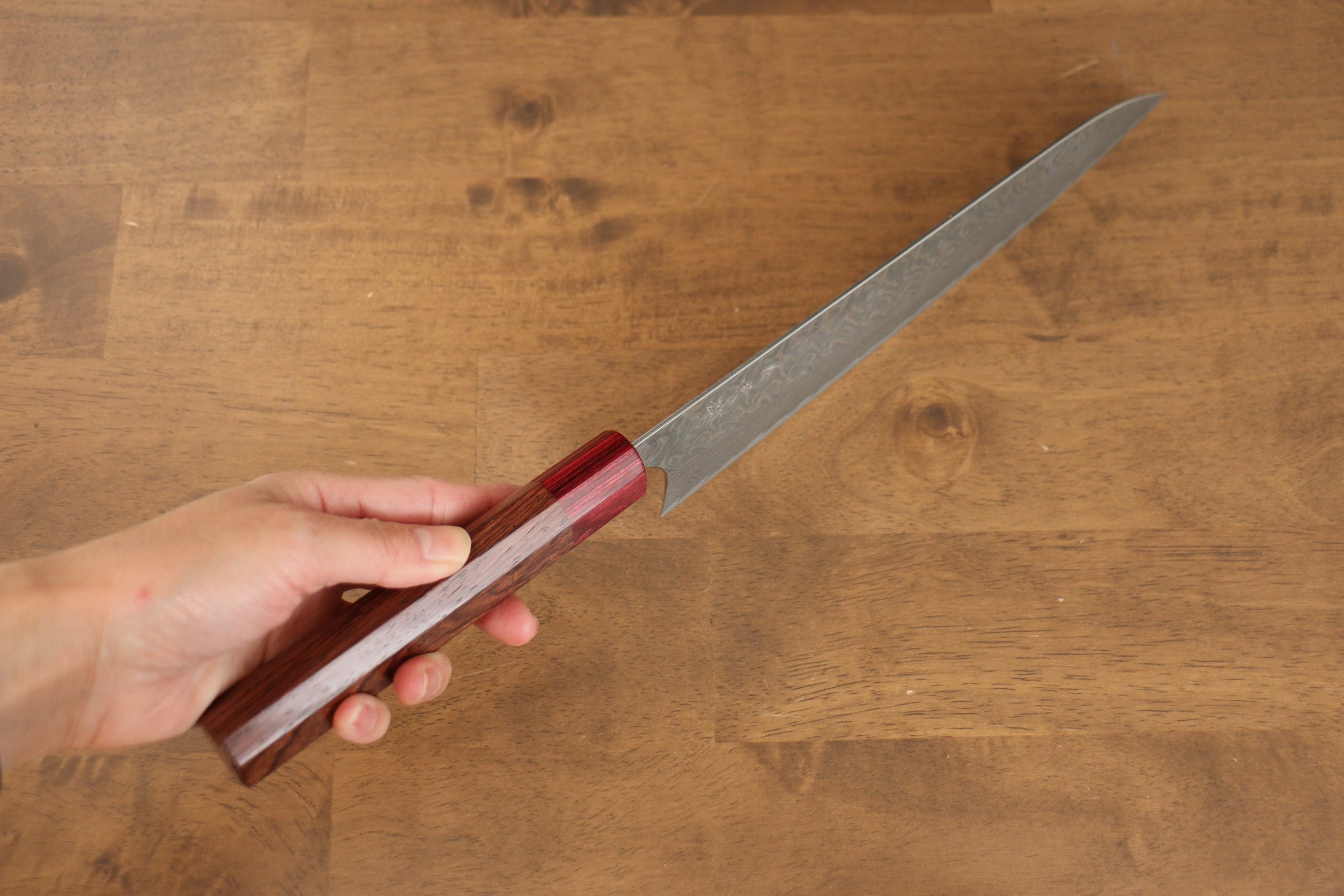 Yoshimi Kato R2 Bamboo-Hammered Japanese Chef's Kengata-Gyuto Knife 240mm  with White-Red Resin Custom Handle