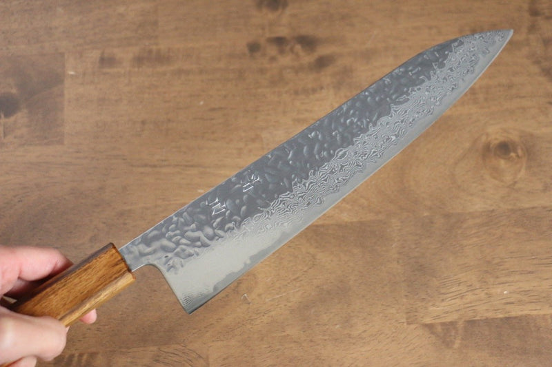 Seisuke Tsukikage AUS10 Migaki Finished Hammered Damascus Gyuto  240mm Oak Handle - Japannywholesale