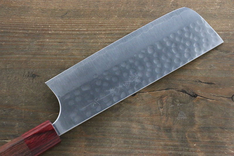 Yoshimi Kato Silver Steel No.3 Hammered Nakiri Japanese Chef Knife 165mm with Red Honduras Handle - Japannywholesale