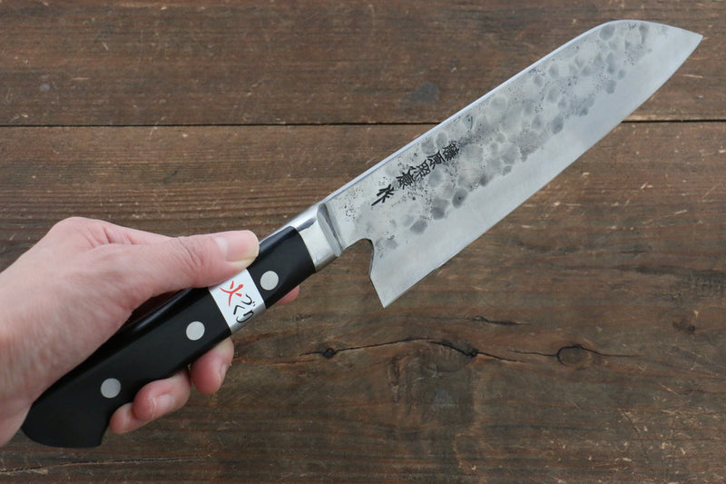 Fujiwara Teruyasu Fujiwara Teruyasu Maboroshi White Steel No.1 Nashiji Hammered Santoku  180mm with Black Pakka wood Handle - Japannywholesale