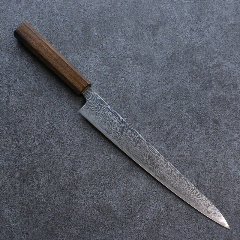 Seisuke Nami AUS10 Mirrored Finish Damascus Sujihiki  240mm Oak Handle - Japannywholesale