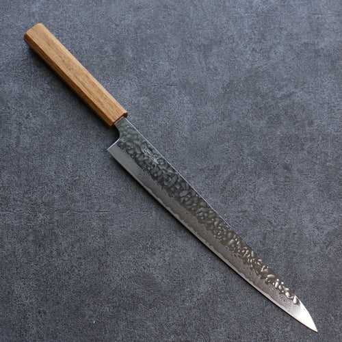 Seisuke Tsukikage AUS10 Migaki Finished Hammered Damascus Sujihiki  270mm Oak Handle - Japannywholesale