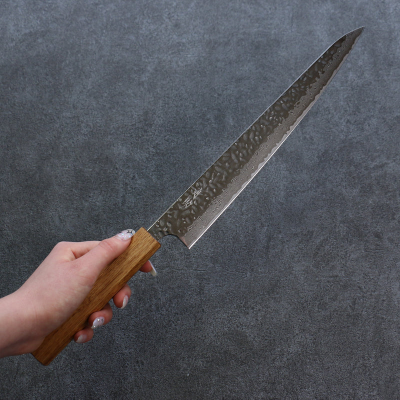 Seisuke Tsukikage AUS10 Migaki Finished Hammered Damascus Sujihiki  270mm Oak Handle - Japannywholesale