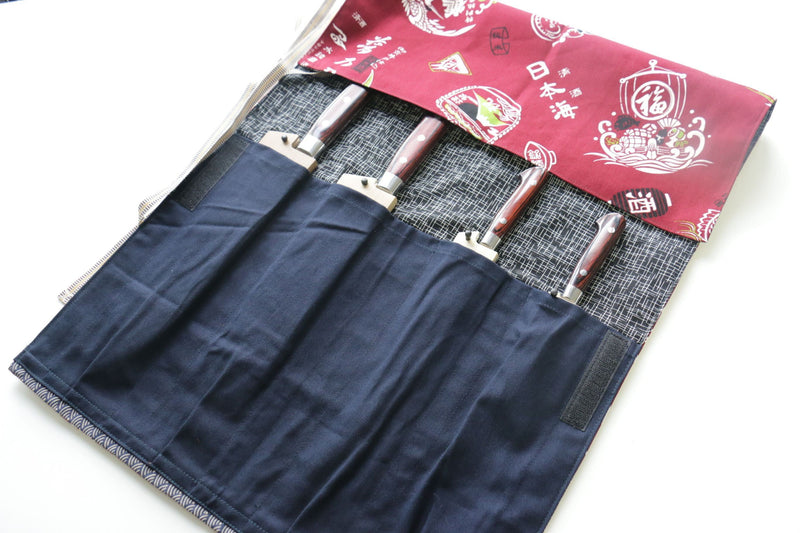 Japanese Style Knife Roll Akafune Ura Kasuri 4 Pockets - Japannywholesale