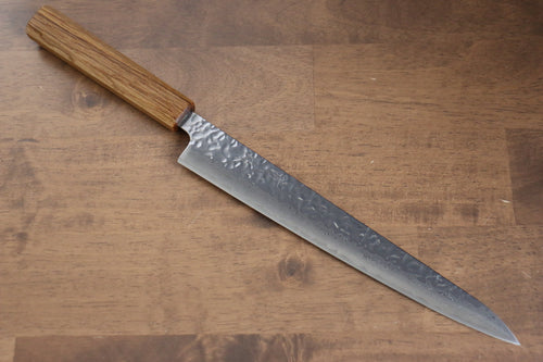 Seisuke Tsukikage AUS10 Migaki Finished Hammered Damascus Sujihiki  240mm Oak Handle - Japannywholesale