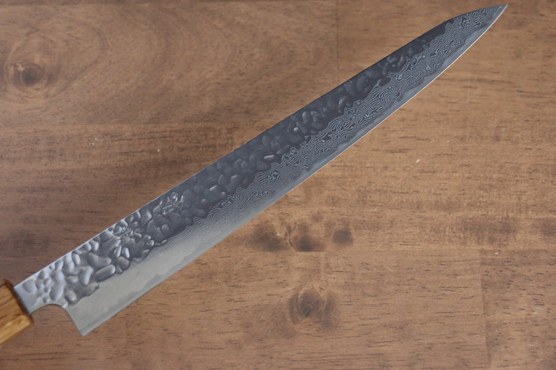 Seisuke Tsukikage AUS10 Migaki Finished Hammered Damascus Sujihiki  240mm Oak Handle - Japannywholesale