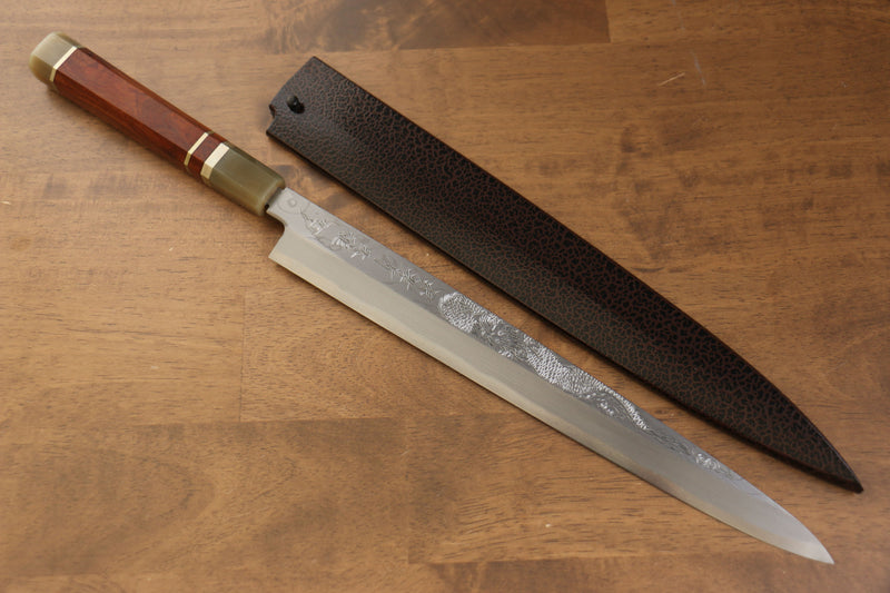 Sakai Takayuki Tenryu Uzushio Blue Steel No.2 Dragon Engraved Yanagiba  300mm Red Ebony Wood Handle with Sheath - Japannywholesale