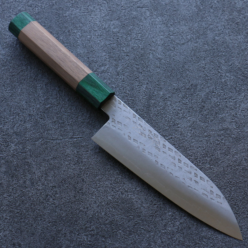 Seisuke Silver Steel No.3 Hammered Santoku  165mm Walnut(With Double Green Pakka wood) Handle - Japannywholesale