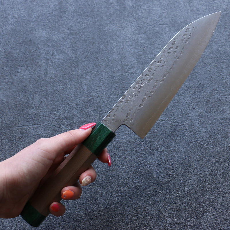 Seisuke Silver Steel No.3 Hammered Santoku  165mm Walnut(With Double Green Pakka wood) Handle - Japannywholesale