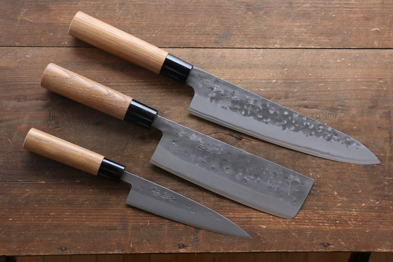 Seisuke Blue Steel No.2 Nashiji Gyuto, Nakiri, Petty Japanese Chef Knives Set - Japannywholesale