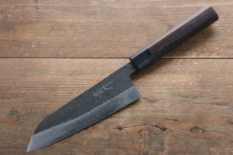 Takayuki Iwai Blue Super Kurouchi Hammered Santoku  165mm Shitan Handle - Japannywholesale