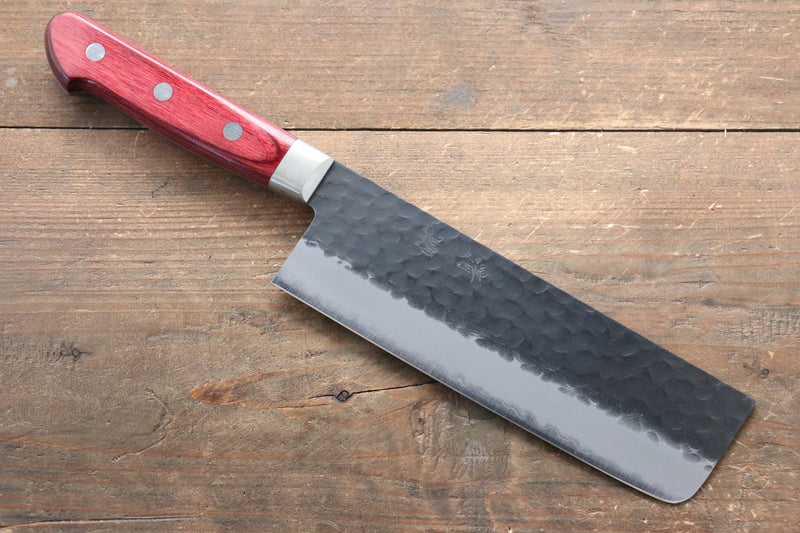 Seisuke Kurobeni Blue Super Hammered Kurouchi Nakiri  165mm Red Pakka wood Handle - Japannywholesale