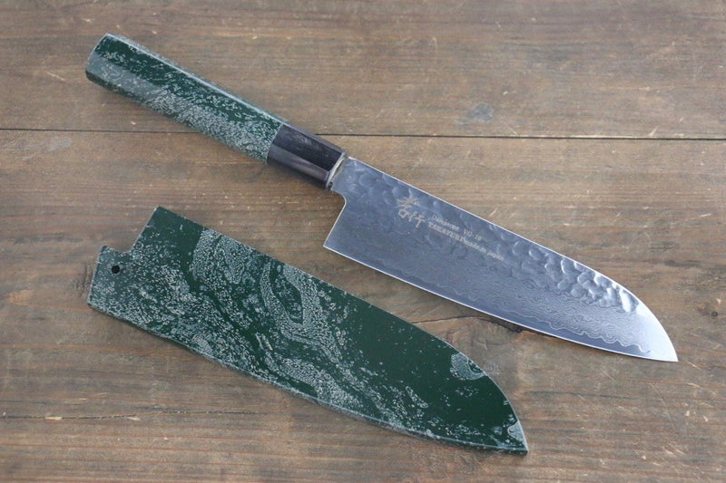 Sakai Takayuki VG10 33 Layer Damascus Hammered Santoku  170mm Green Lacquered Handle with Sheath - Japannywholesale