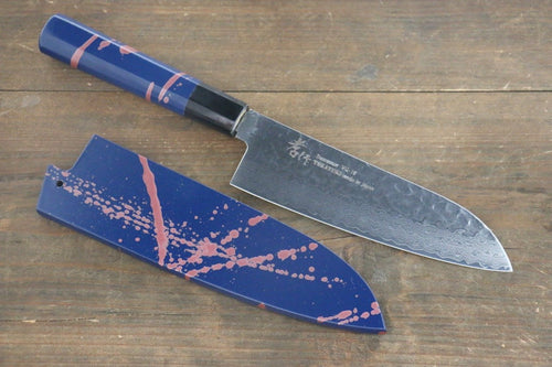 Sakai Takayuki VG10 33 Layer Damascus Hammered Santoku  170mm Blue Lacquered Handle with Sheath - Japannywholesale