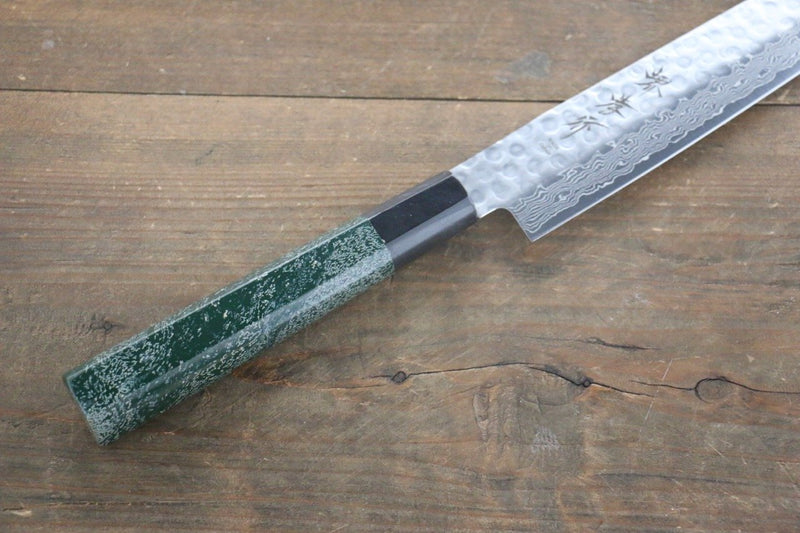 Sakai Takayuki AUS-10 45 Layer Damascus Hammered Sujihiki Japanese Chef Knife 240mm Green Lacquered Handle With Saya - Japannywholesale