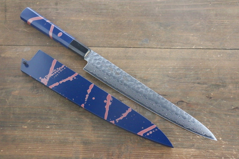 Sakai Takayuki AUS-10 45 Layer Damascus Hammered Sujihiki Japanese Chef Knife 240mm Blue Lacquered Handle With Saya - Japannywholesale