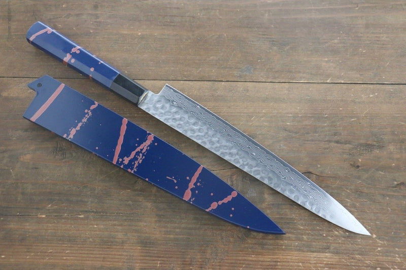 Sakai Takayuki AUS-10 45 Layer Damascus Hammered Sujihiki Japanese Chef Knife 240mm Blue Lacquered Handle With Saya - Japannywholesale